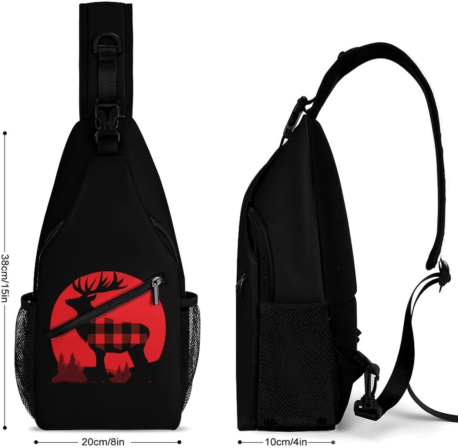 Buffalo Plaid Deer Men Crossbody Sling Backpack Chest Bag | Travel Fanny Pack,Hiking Daypack,Print Shoulder Bags