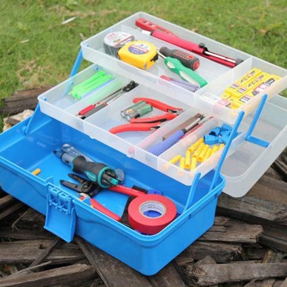 Utoolmart Portable Folding Tool Box, Three-Layer Storage Box with Cantilever Tray Plastic Hardware Box Storage 13 x 7.9 x 5.9 inches (Blue）1 Pcs