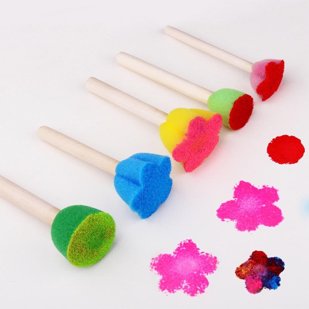 Ruwado 10 Pcs Foam Sponge Brush with Wooden Handle Round Flower Multi Size Painting Tools for Kids Children DIY Acrylic Watercolor Varnishes Art Craft Painting