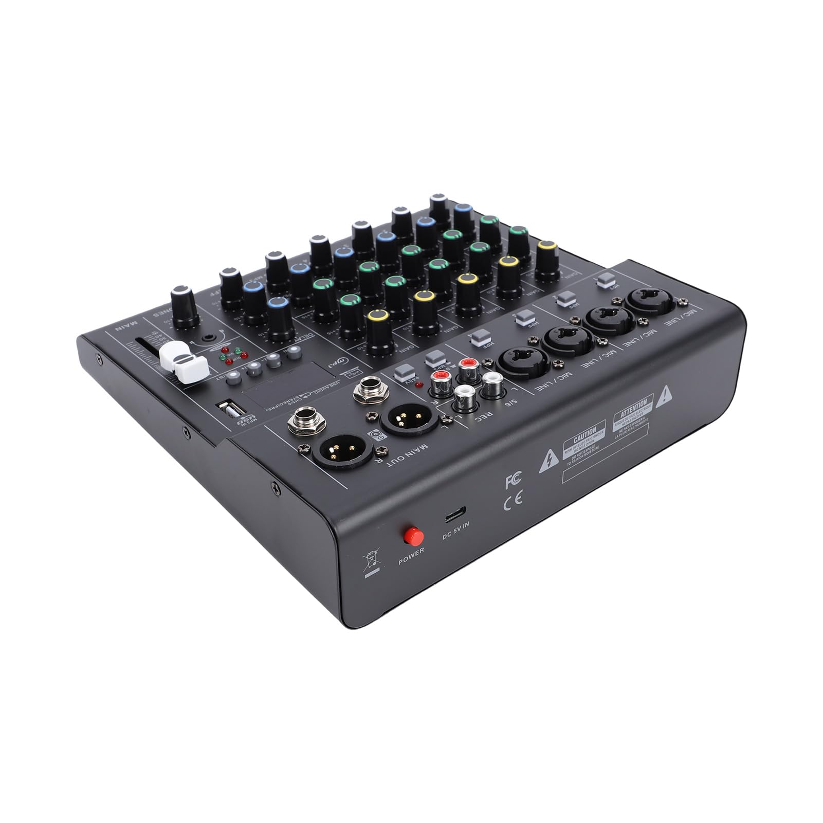 Walmeck 6-Kanal-Mini-Soundmixer, DJ-Controller, Professionelle Aufnahme-Soundkarte mit BT-MP3-Player, 48 V Phantomspeisung, Integrierter Gitarrenverstärker, Tragbare Mischkonsole für (Schwarz)