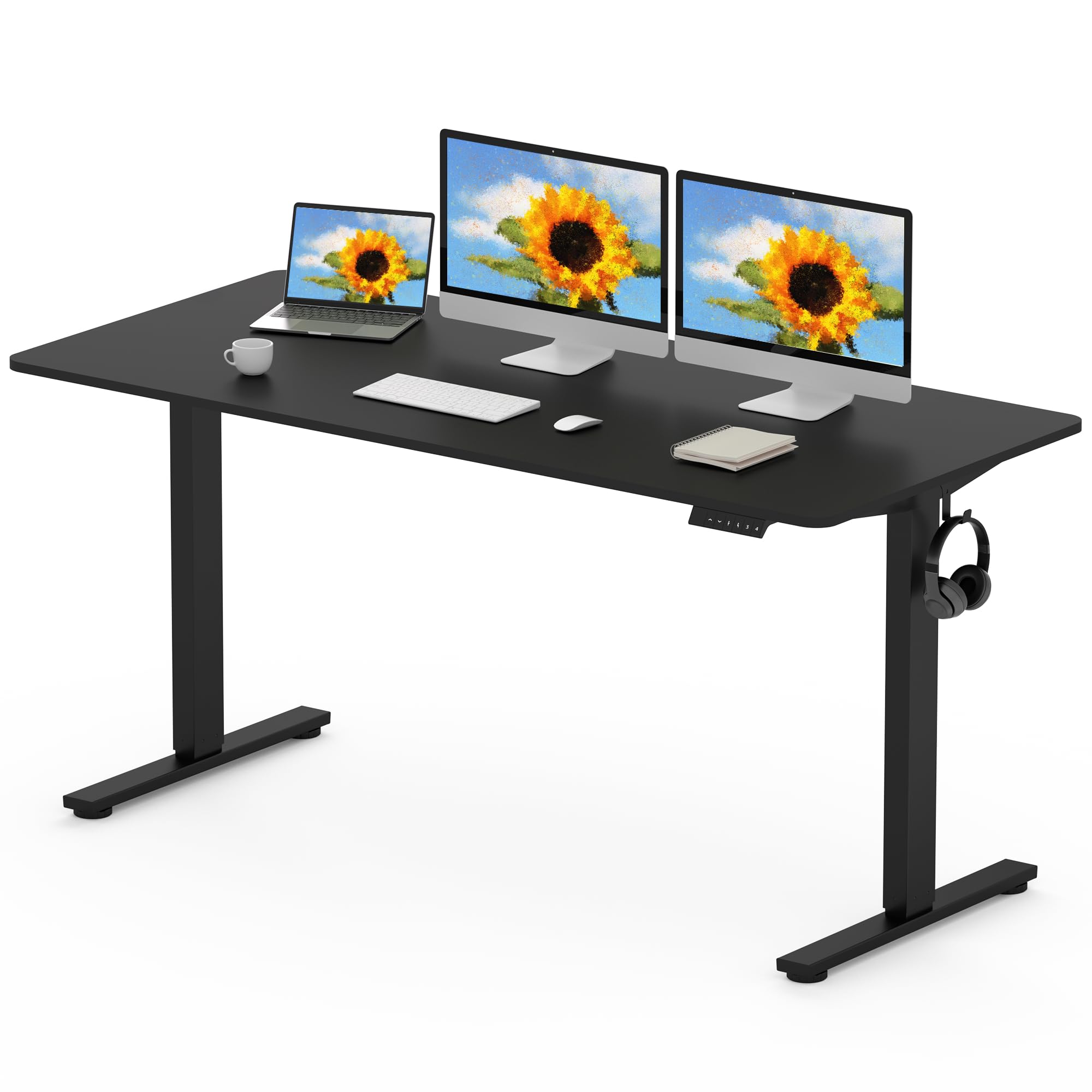 FLEXISPOT 140 x 80cm Electric Standing Desk ONE PIECE Height Adjustable Desk Sit Stand Desk with 4 Memory Smart Panel and Backpack Hook for Home Office, (Black Frame+Black Desktop)