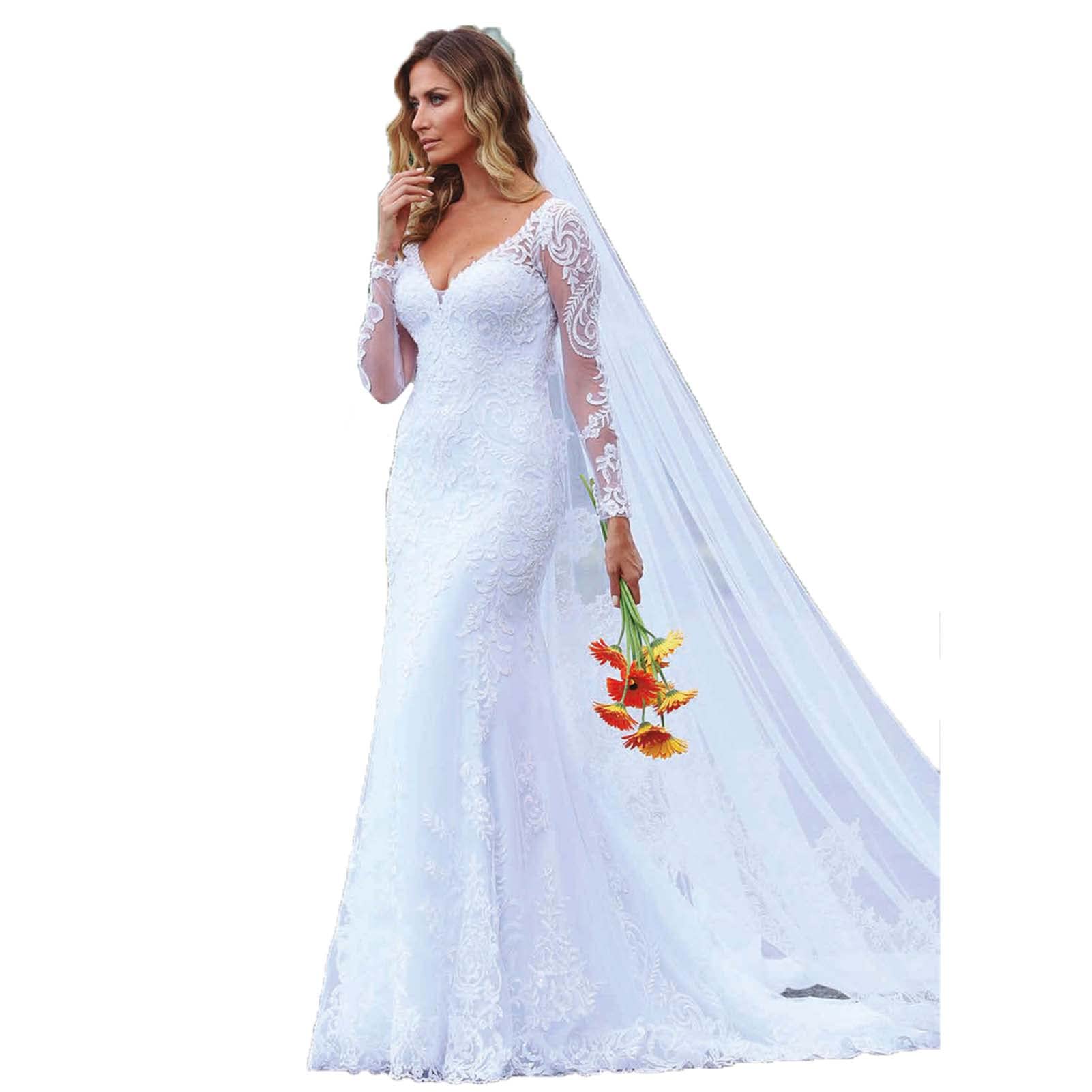 Robe de Mariée, Robe de Mariée à Motif Floral, Manches Longues, Robe de Mariée Blanche, Blanc, 10