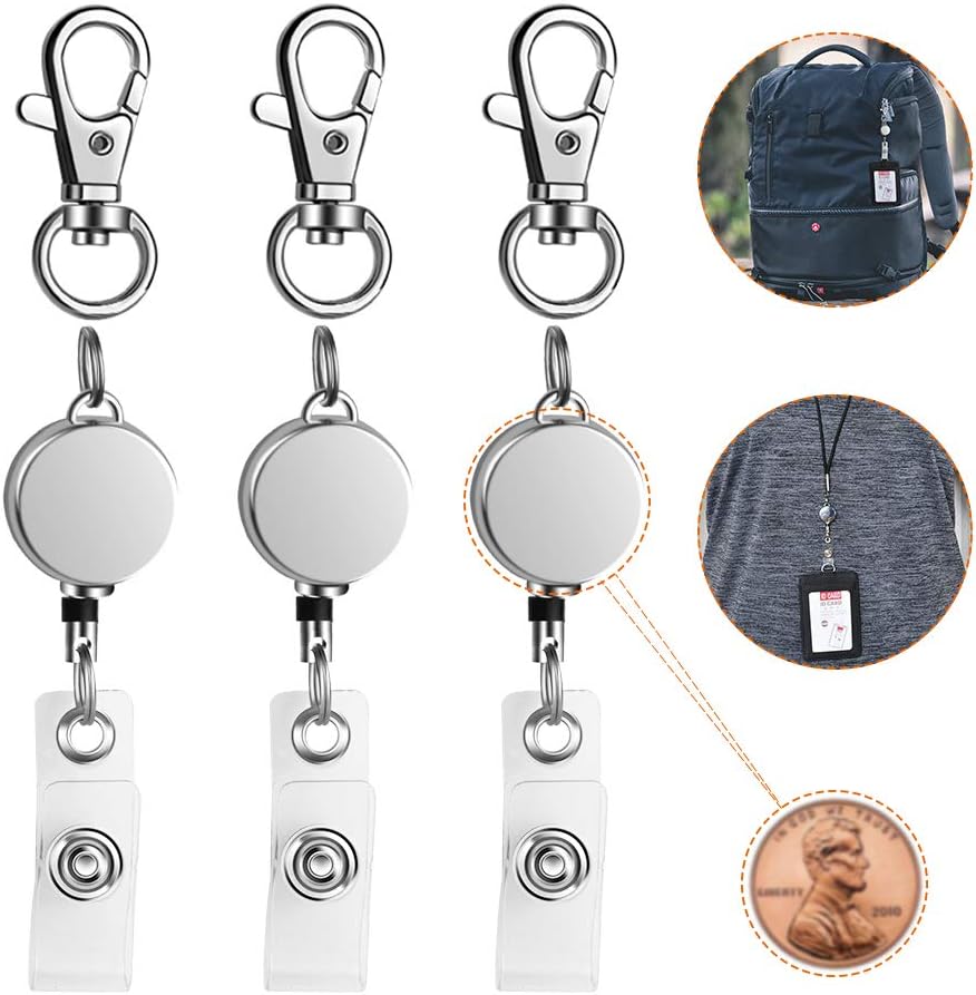 Retractable Badge Holder 3 Pack, Lightweight Metal ID Badge Clip Reel with 14.5โ Nylon Cord for Nurse Teacher on Name Card Tag Holder