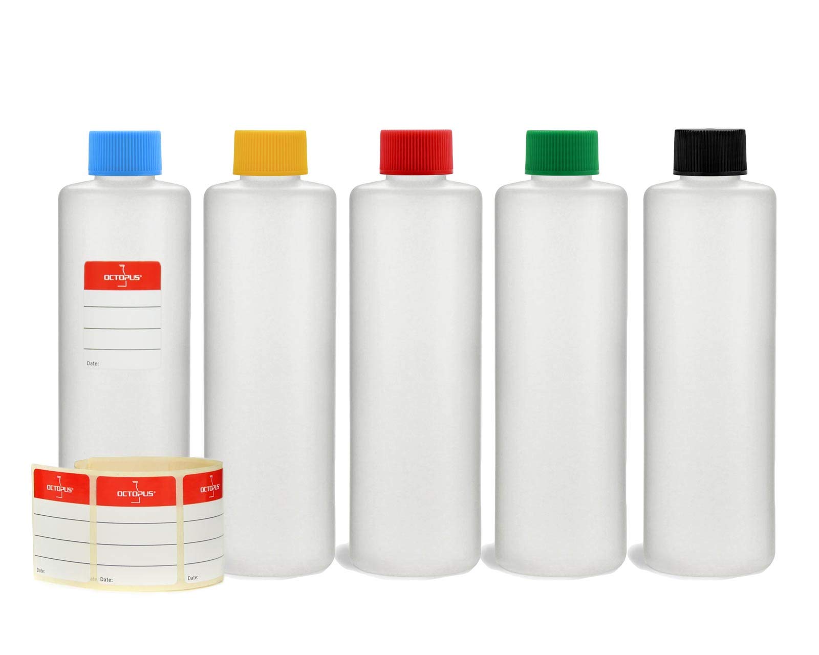 Octopus 5 x 250 ml plastic bottles, HDPE plastic round bottles with colorful screw caps, empty bottles with colorful screw caps, round bottles incl. 5 labels