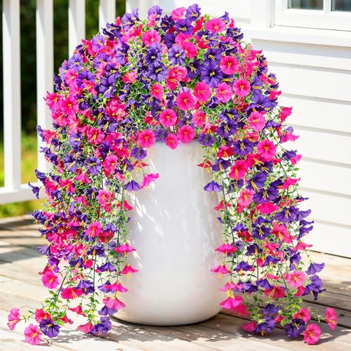 Image of Lewondr 2PCS Artificial Hanging Flowers UV Resistant Petunias, Mixed Pink | 29.5 inch Morning Glory, No Watering Needed, Fade Proof, for Porch Patio Yard Baskets, Spring Summer Decor, Indoor Outdoor Use