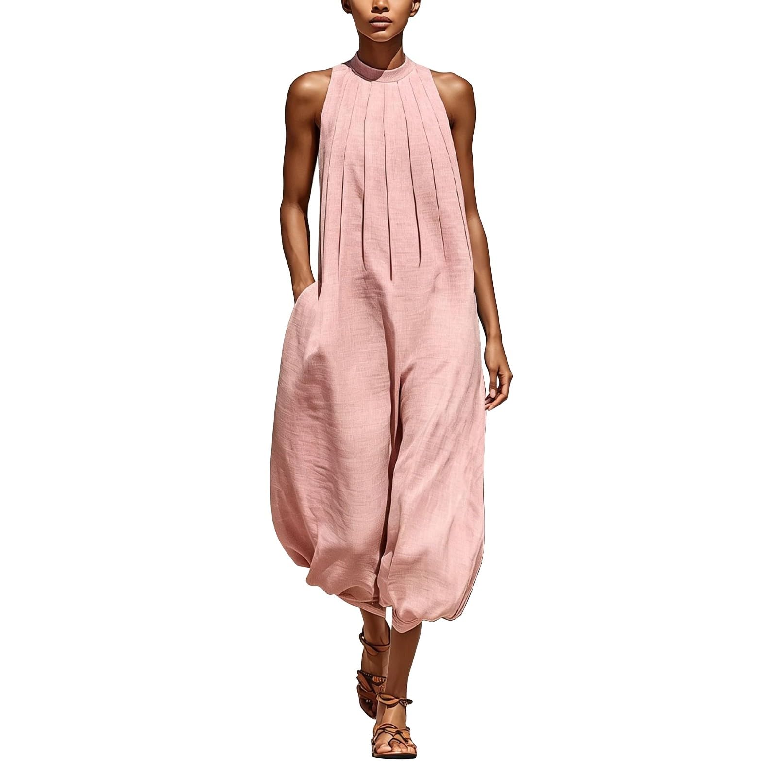 Generisch Tuta estiva da donna, lunga, a gamba larga, elegante | Tuta con pantaloni, senza maniche, spalle scoperte, oversize, con tasche, pagliaccetto alla moda per matrimoni e feste