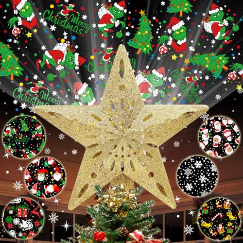 10" Christmas Tree Topper Star Lighted with 6 Projection Modes, Light Up Christmas Tree Topper Built-in LED Rotation Light, 3D Glitter Dynamic Projector Tree Top for Xmas Party Decorations Gift