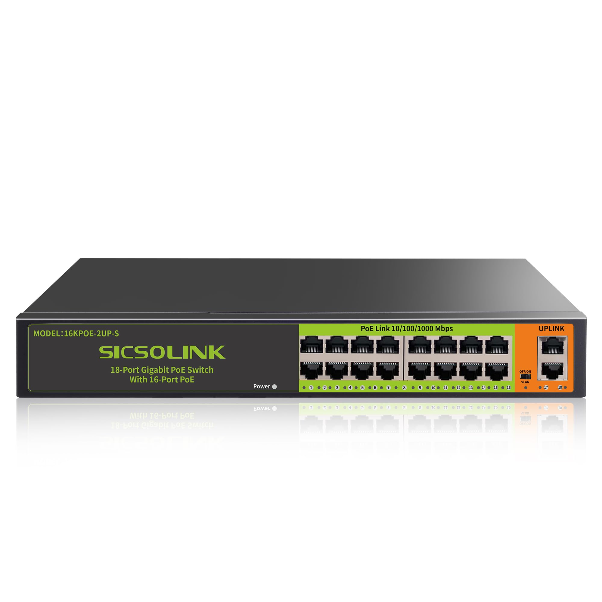 Switch PoE+ Gigabit a 18 porte | 16 PoE+ 2 Uplink, 250 W totali, 30 W/Port, IEEE 802.3af/at, Plug & Play non gestito