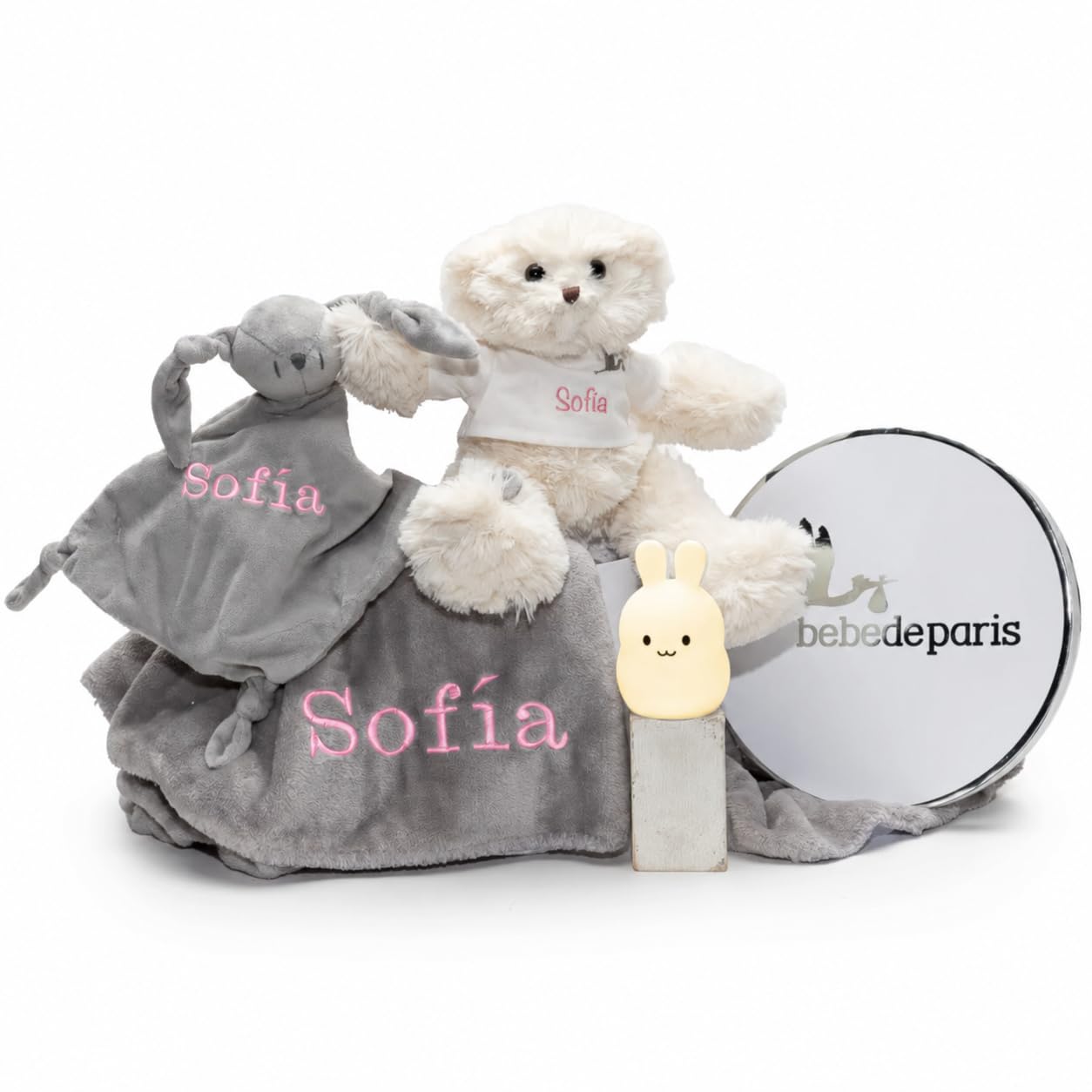 Cadeau pour nouveau-né | Couleur : multicolore | Doudou personnalisé et lampe de nuit | Fabriqué à la main en Espagne | Boîte cadeau de luxe | BebeDeParis