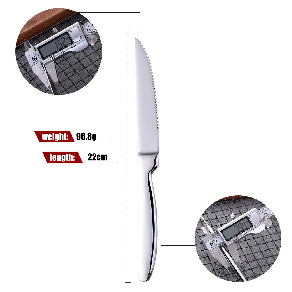 Buyer Star Steakmesser Set，4 Stück gezahntes Hochleistungs Edelstahl Tischmesser，Einteiliger Griff, Schnitte Steak und Huhn，Brote,Wellenschliff 22 cm / 8.66 Inches (Silber)