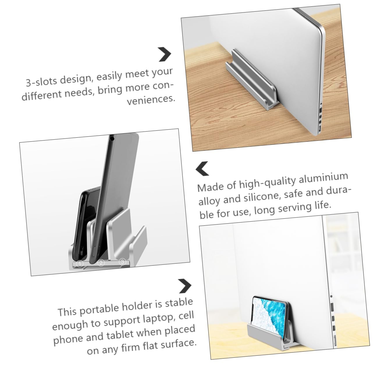 Supporto Verticale per Laptop a 3 Slot Regolabile in Alluminio Argento | Base Antiscivolo in Silicone, Apertura 13-38mm, Design da Scrivania per Telefono e Tablet