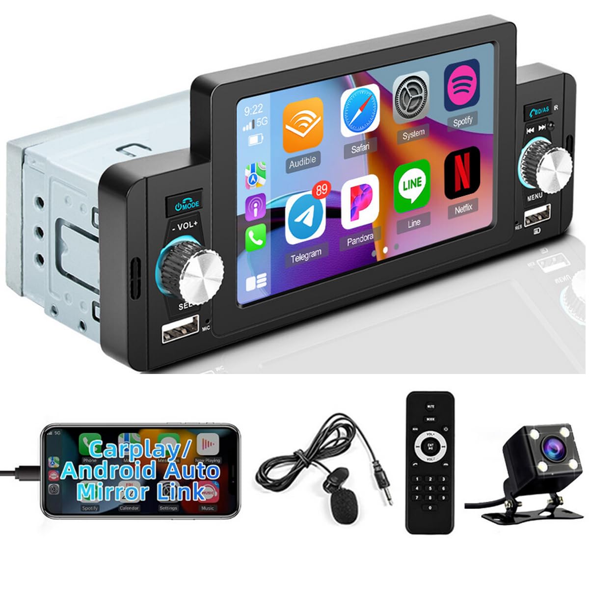 Hikity 5" 1 DIN CarPlay Autoradio avec Bluetooth FM Caméra de Recul | Écran Tactile Android Auto Mirror Link Commandes au Volant Mains Libres USB AUX Carte TF