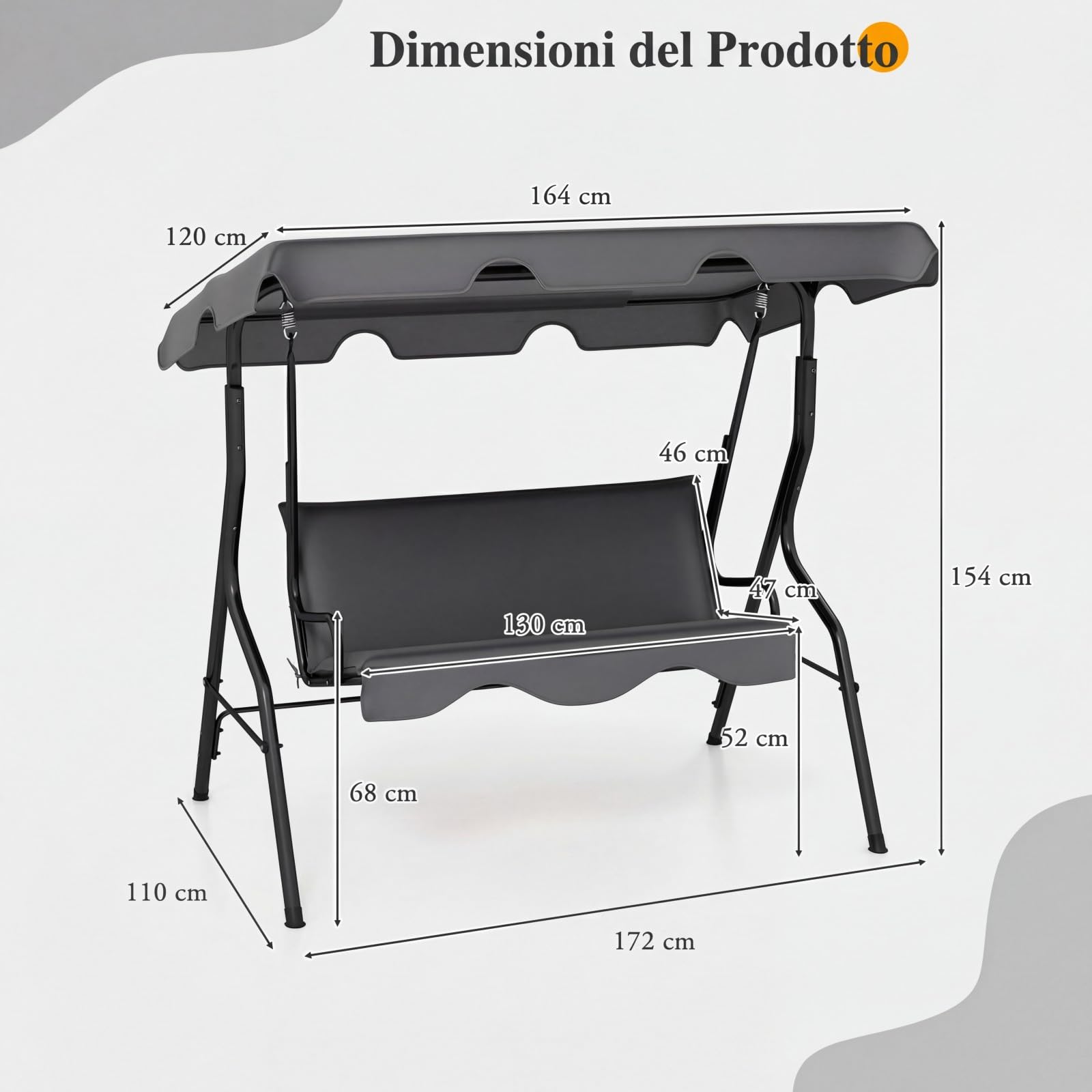 COSTWAY Dondolo da Giardino 3 Posti con Tettuccio Regolabile, Cuscino Removibile, Sedia Sospesso con Struttura in Metallo, Portata 225 kg, 172 x 110 x 154 cm (Grigio)