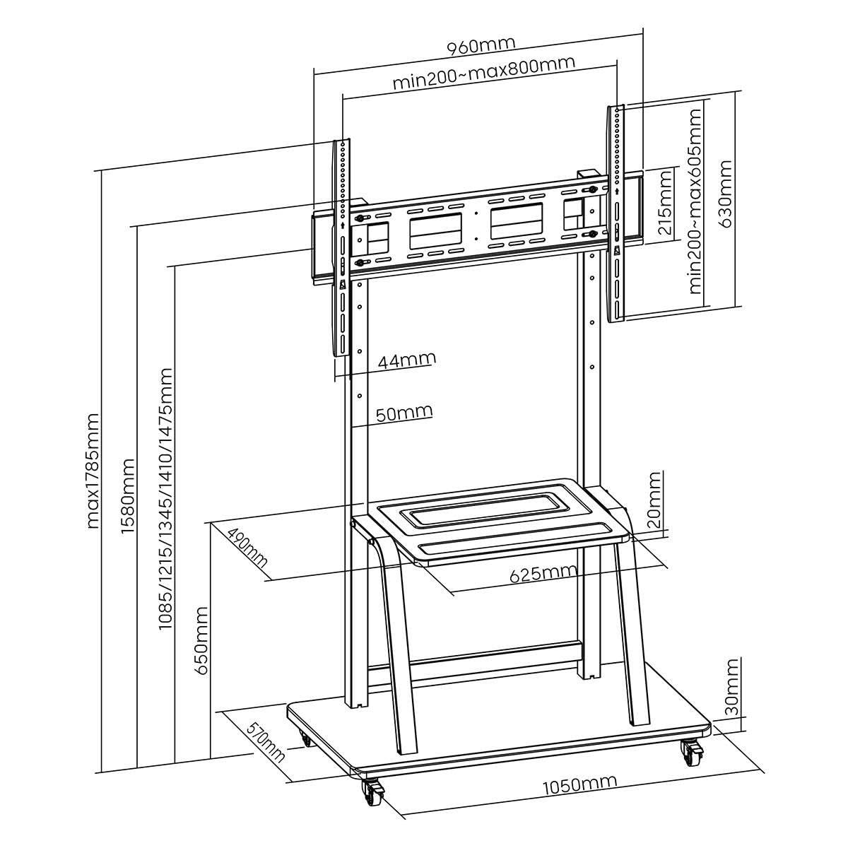 Ewent Premium TV-Ständer aus Stahl, Mobiler Ständer mit Rollen für Plasma-/LED-/LCD-Bildschirme von 55-120 Zoll, Bodenständer für Fernseher bis 150 kg, Höhen- und Breitenverstellbar, mit 2 Ablagen