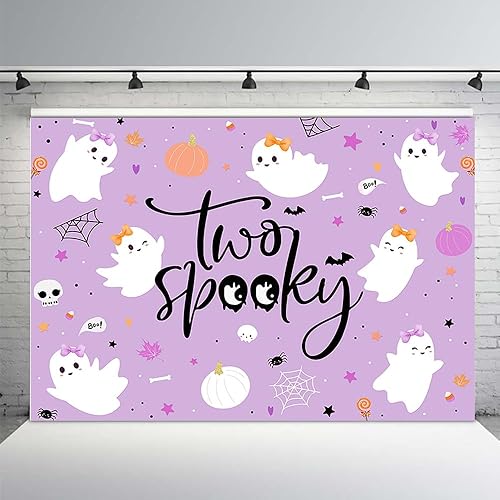 MEHOFOND Telón de fondo de feliz cumpleaños de Halloween de 7 x 5 pies para niños, 2 segundo cumpleaños, Little Boo is Turrning dos suministros de