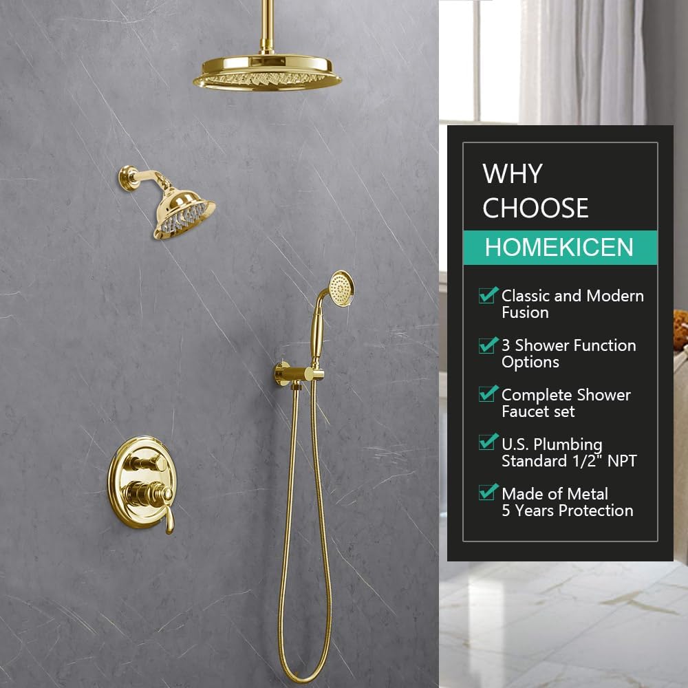 dual antique shower head system: 9" ceiling mounted rain head & 6" wall mount vintage rainfall and handheld spray faucet sets, 3 way diverter brass valve with trim kit, gold gold 3 mode shower