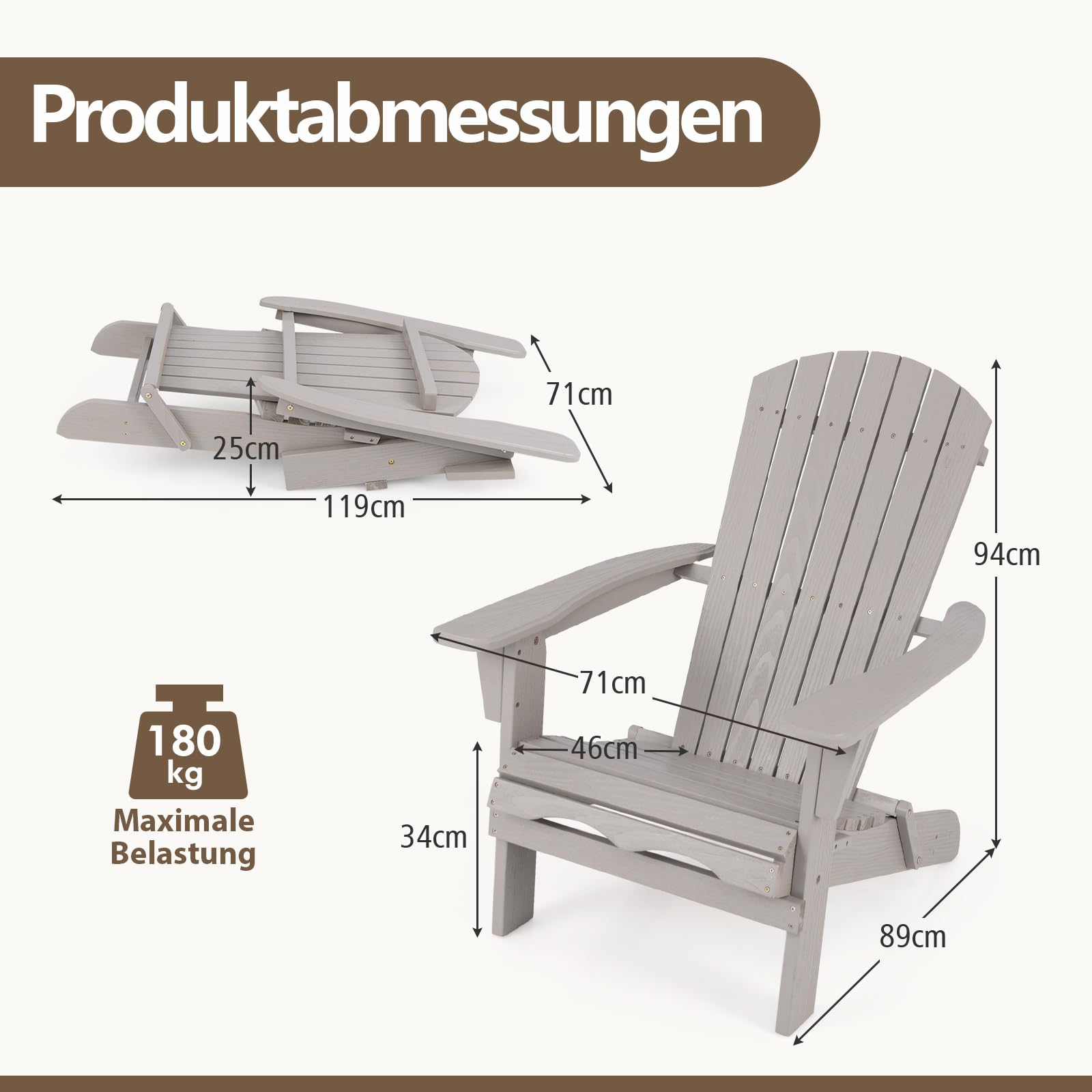 COSTWAY Adirondack Stuhl klappbar, 2er Set, Adirondack Chair aus Holz, Gartensessel mit hoher Rückenlehne & Breiten Armlehnen für Garten, Terrasse, 180 kg Tragfähigkeit, Grau