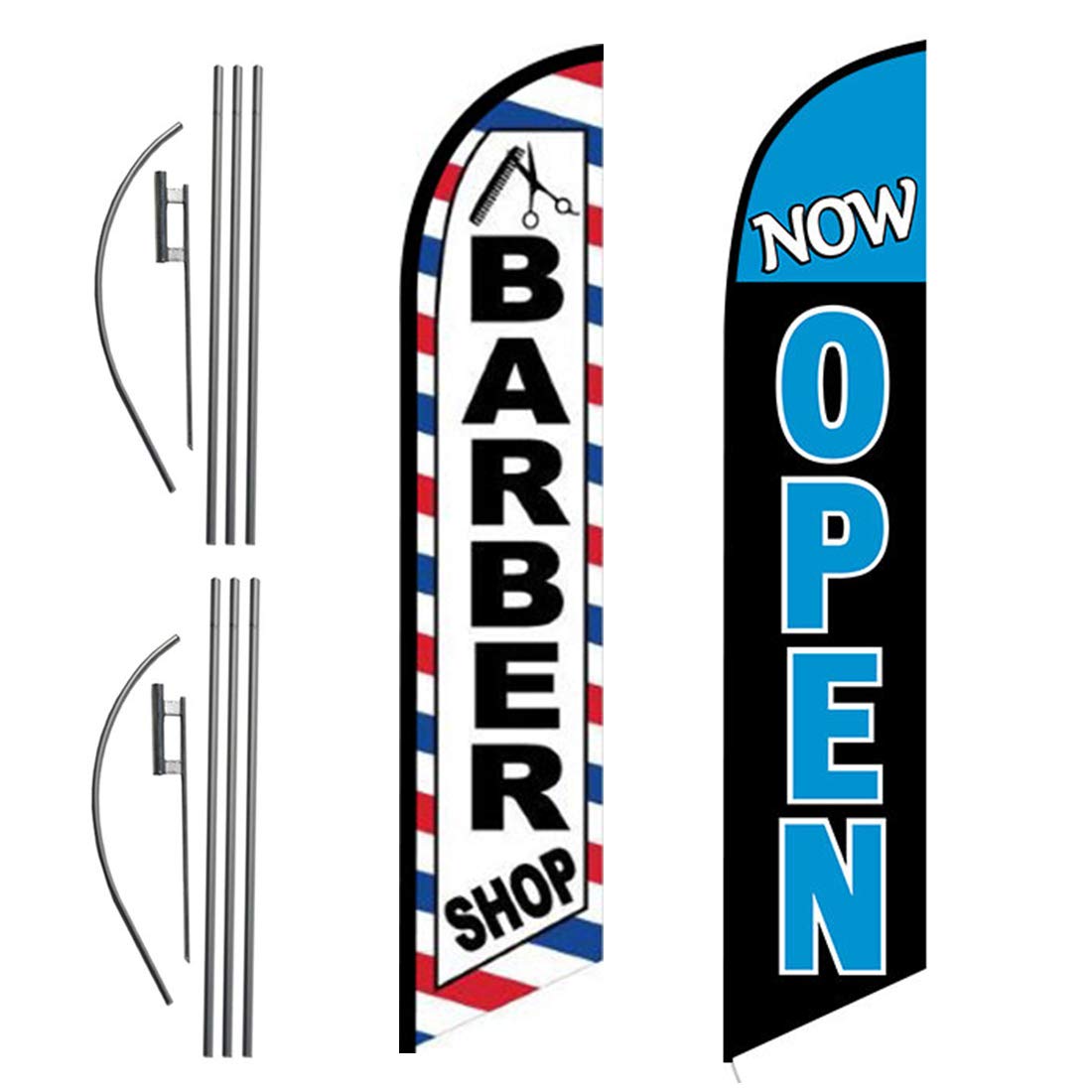 FFN Barber Shop and Now Open 15ft Outdoor Advertising Feather Swooper Banner Flag Kit Sign with Ground Stake & Flagpole, Open Signs for Barbers