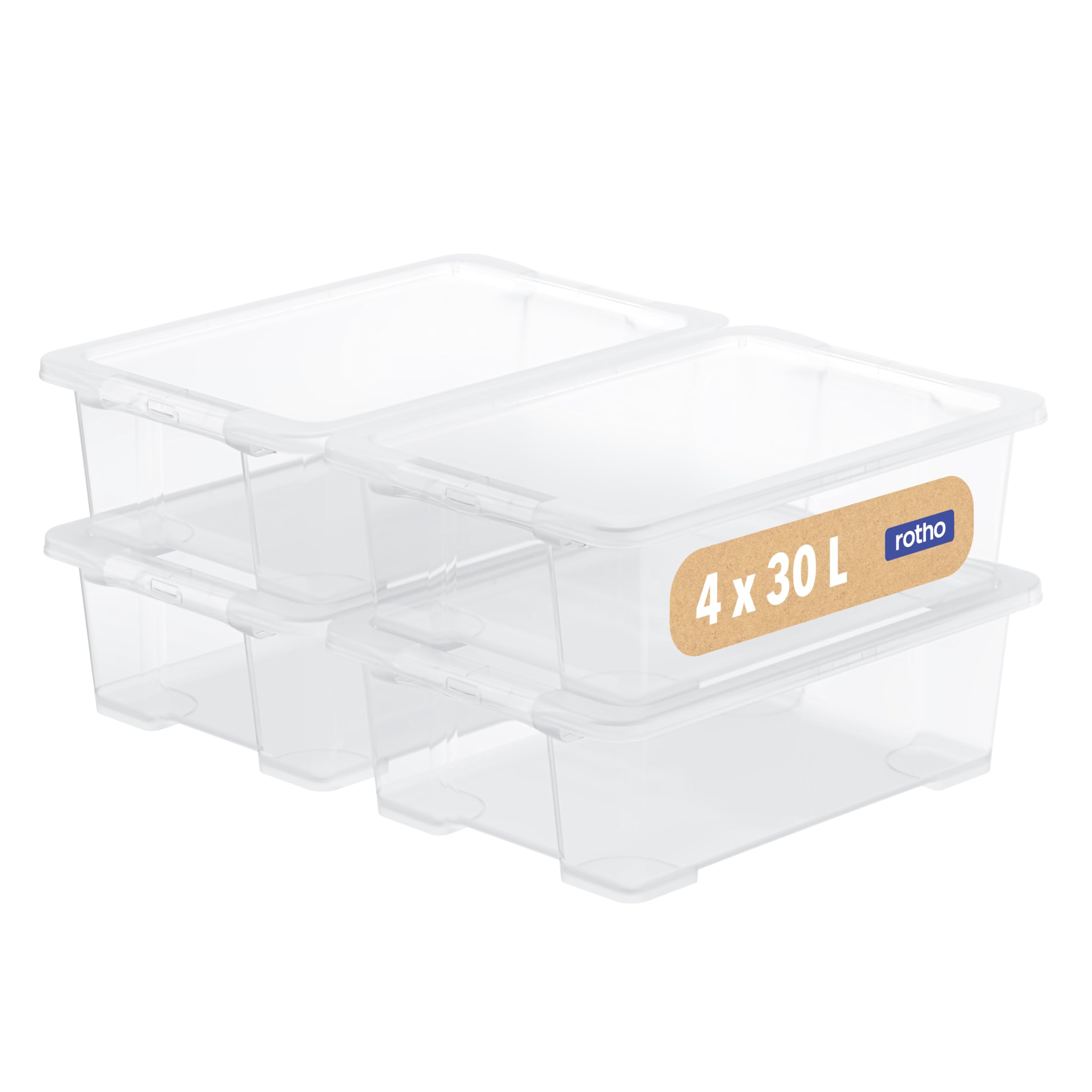 Rotho Core Basic - Set di 4 contenitori con coperchio, 30 l, trasparenti | Scatole impilabili con coperchio, richiudibili, stabili, salvaspazio, facili da pulire, trasparenti