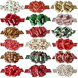 36Pcs Christmas Gift Wrap Bows,Xmas Ribbon Pull Bows,Large Present Wrapping Bow Set in 18 Assorted Patterns for Holiday Decoration,Baskets,Bouquet,Bottles Supplies