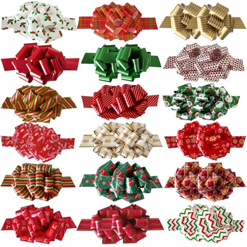 36Pcs Christmas Gift Wrap Bows,Xmas Ribbon Pull Bows,Large Present Wrapping Bow Set in 18 Assorted Patterns for Holiday Decoration,Baskets,Bouquet,Bottles Supplies