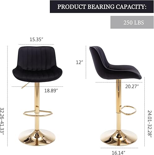 Miniatura 3 de Kiztir Juego de 4 taburetes de bar de terciopelo dorado, taburetes de bar ajustables con respaldo y reposapiés, taburetes de bar giratorios dorados