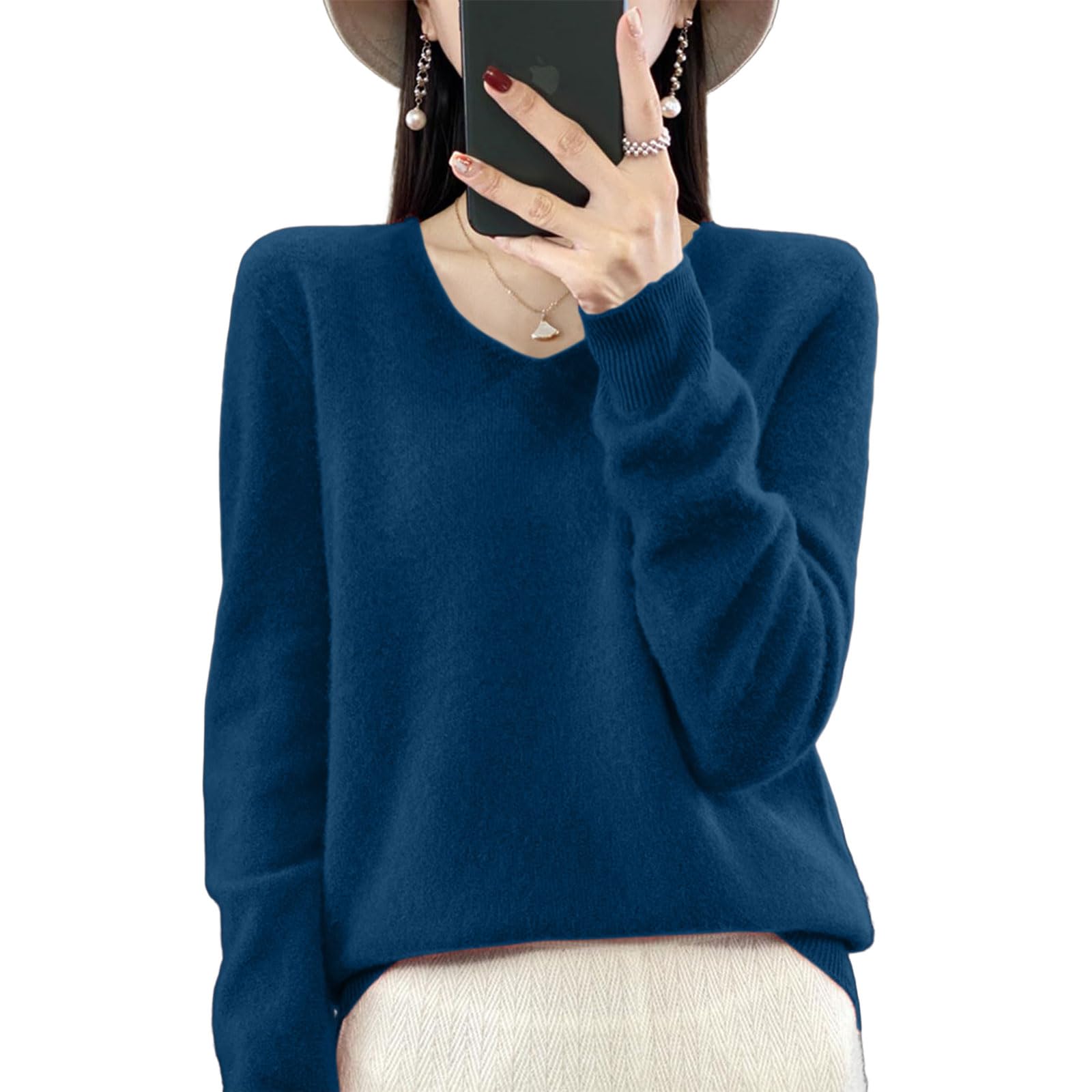 Womens Wool Blend Weaters Long Sleeve V Neck Pullover Basic Tops Cozy Knit Sweater Lightweight Warm Fall Clothing