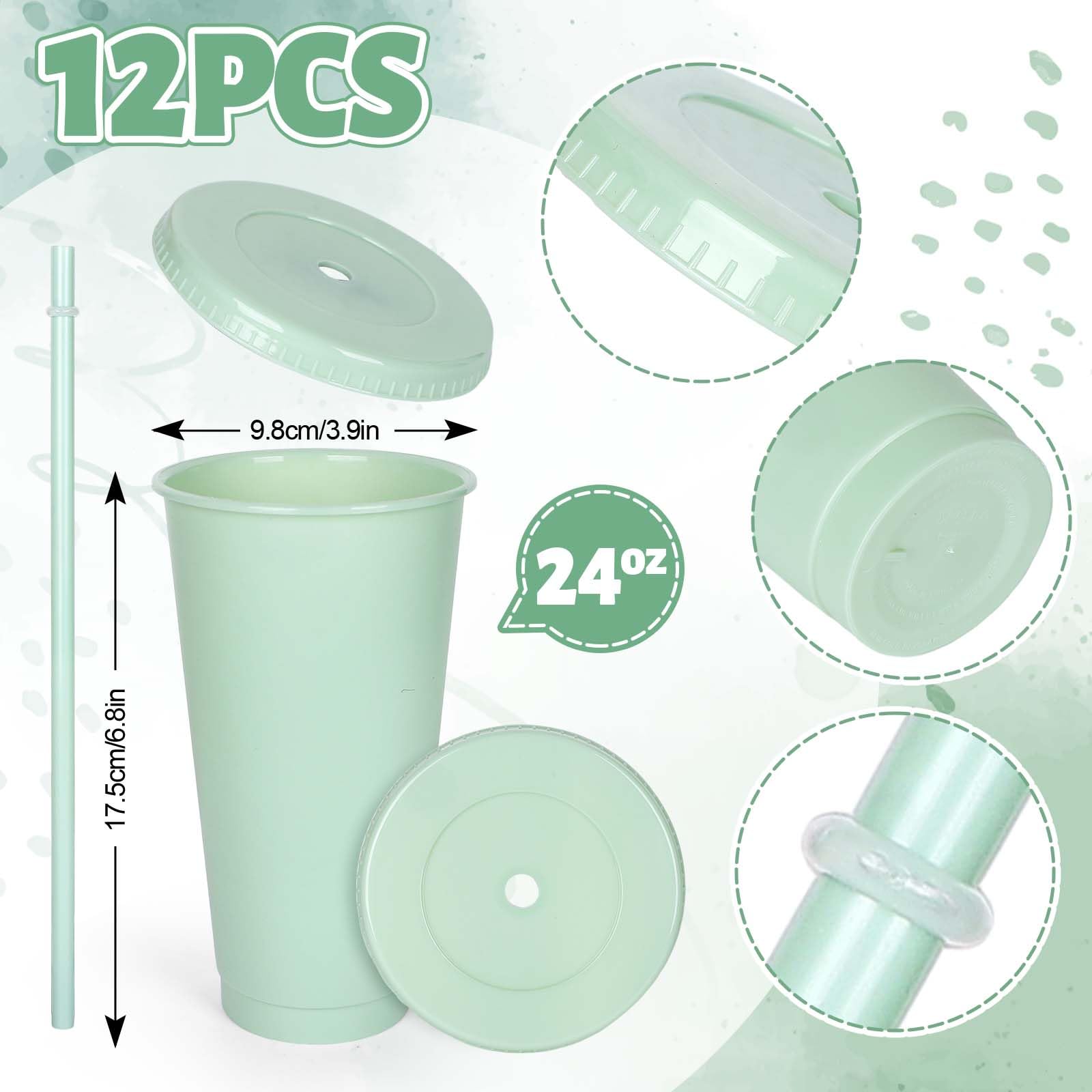 Whaline 12 bicchieri di plastica verde salvia con coperchio piatto e cannuccia, riutilizzabili, grandi bicchieri da viaggio, tazze da viaggio, decorazioni per feste per caffè, bevande, bevande,