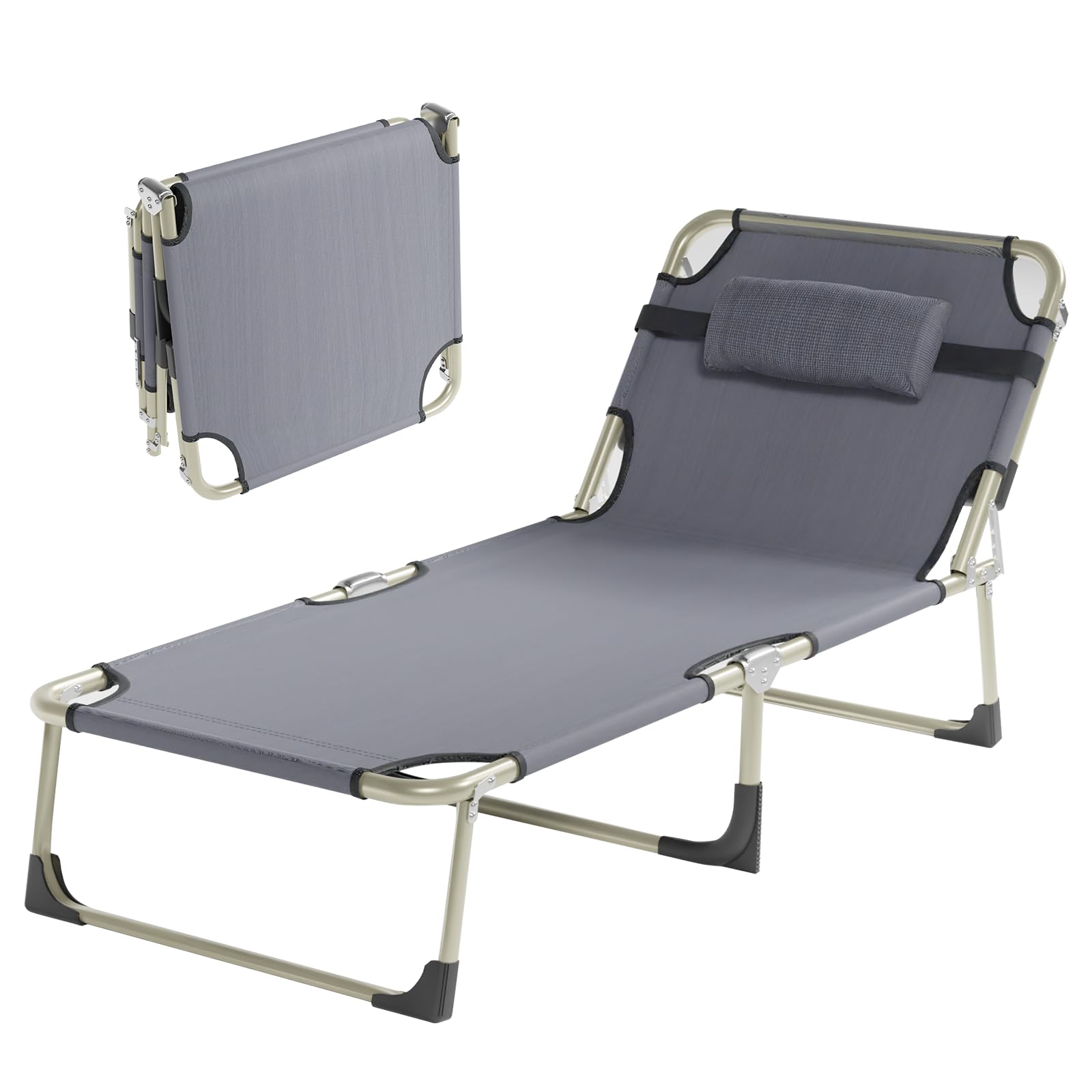 Campingbetten mit 5 Positionen für Erwachsene, Campliege mit Matratze, tragbarer Campingliege für Strand, Rasen, Camping, Pool, Sonnenbaden (Schwarz)