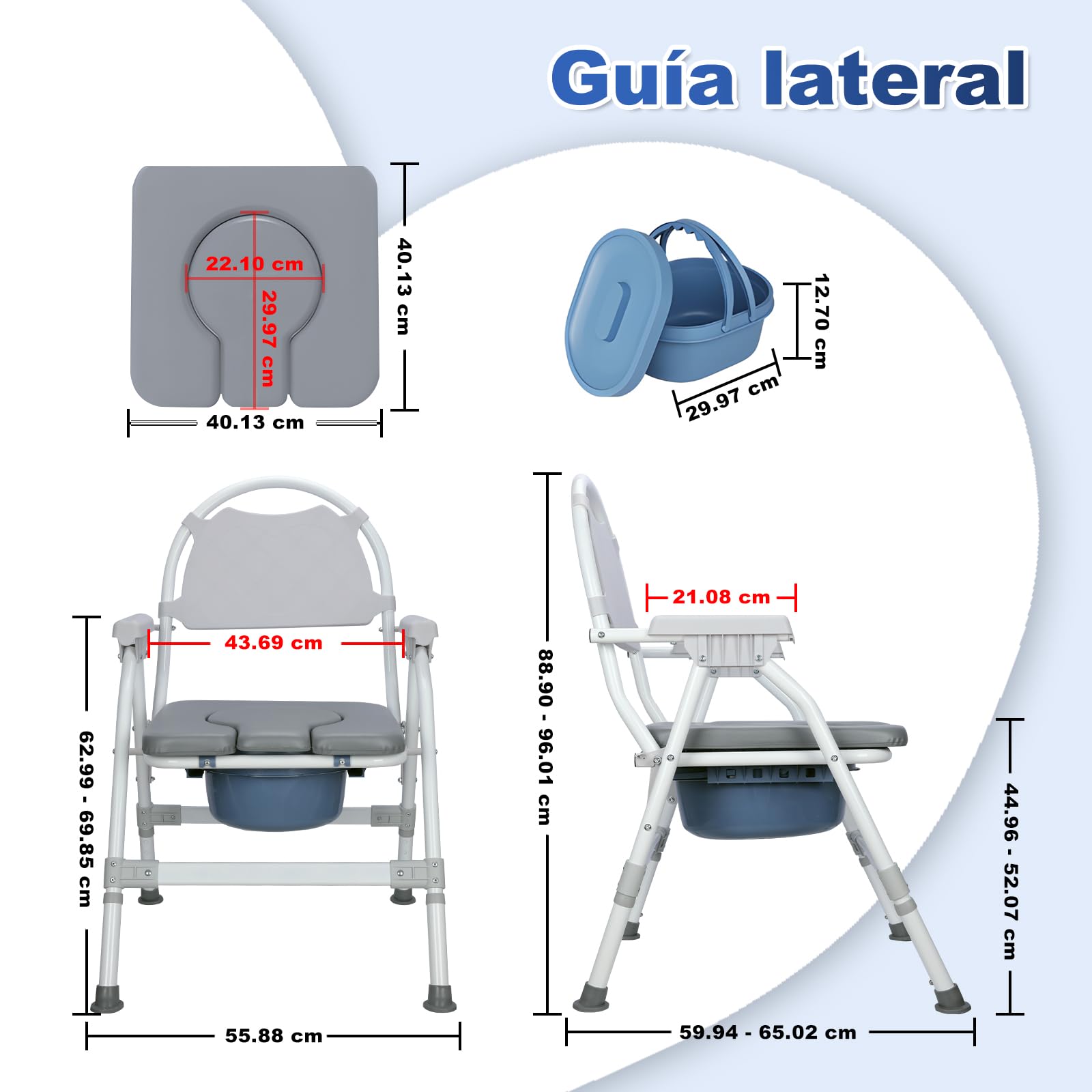 supregear Silla de Baño Plegable, Taburete de Ducha con Altura Ajustable Y Cubo Extraíble, Asiento Acolchado Y Mecanismo de Seguridad, Para Personas Mayores O Discapacitadas, Gris