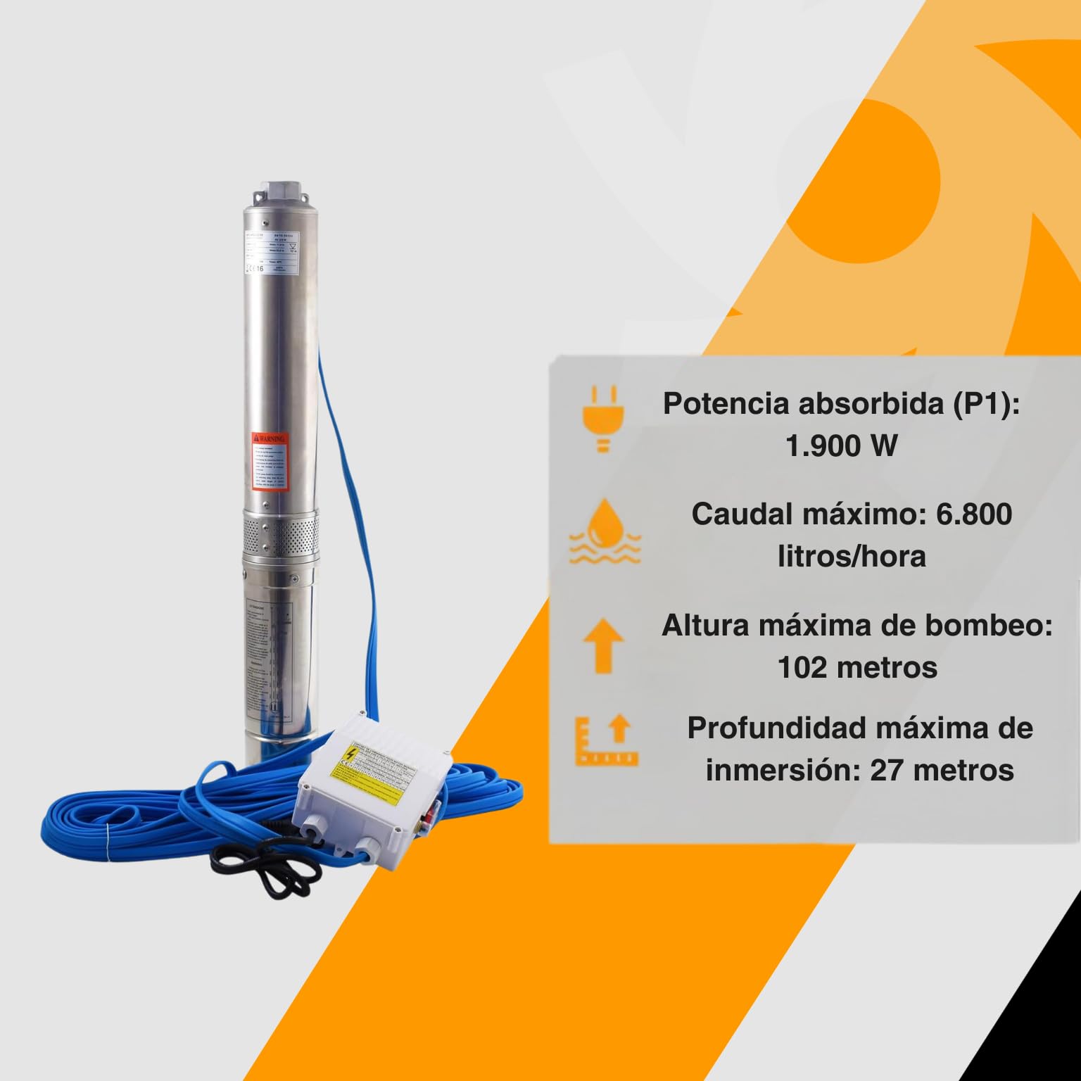ESPA LEADER Bomba Sumergible Saturn 4 04 14 M, 1900 W, Caudal Máx 6.800 l/h, Altura Bombeo 102m, para Pozos, Trasvases de Agua, Riego por Aspersión y Goteo, Acero Inoxidable, Cuerda de Suspensión 20m