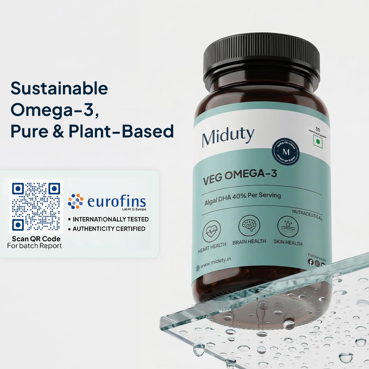 Miduty Veg Omega-3 500mg | 40% Algal DHA + EPA | High-Potency Plant-Based Omega-3 | No Fish Oil, No Fishy Burps | Veg Capsules for Men & Women - 30 Capsules 4