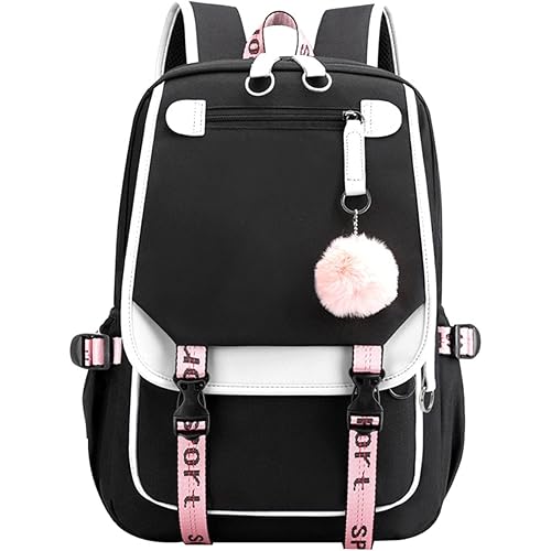 JiaYou Teenage Girls' Backpack Middle School Students Bookbag Outdoor Daypack with USB Charge Port (21 Liters, White Black)