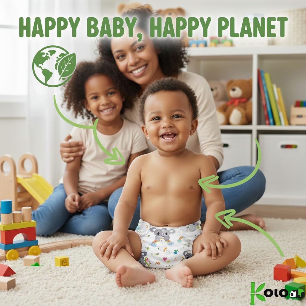 Kolo Set de couches lavable réutilisable pour bébé et bébé : 2 couches réglables avec poche intérieure Pocket + 2 inserts absorbants en bambou Taille unique unisexe 100% écologique