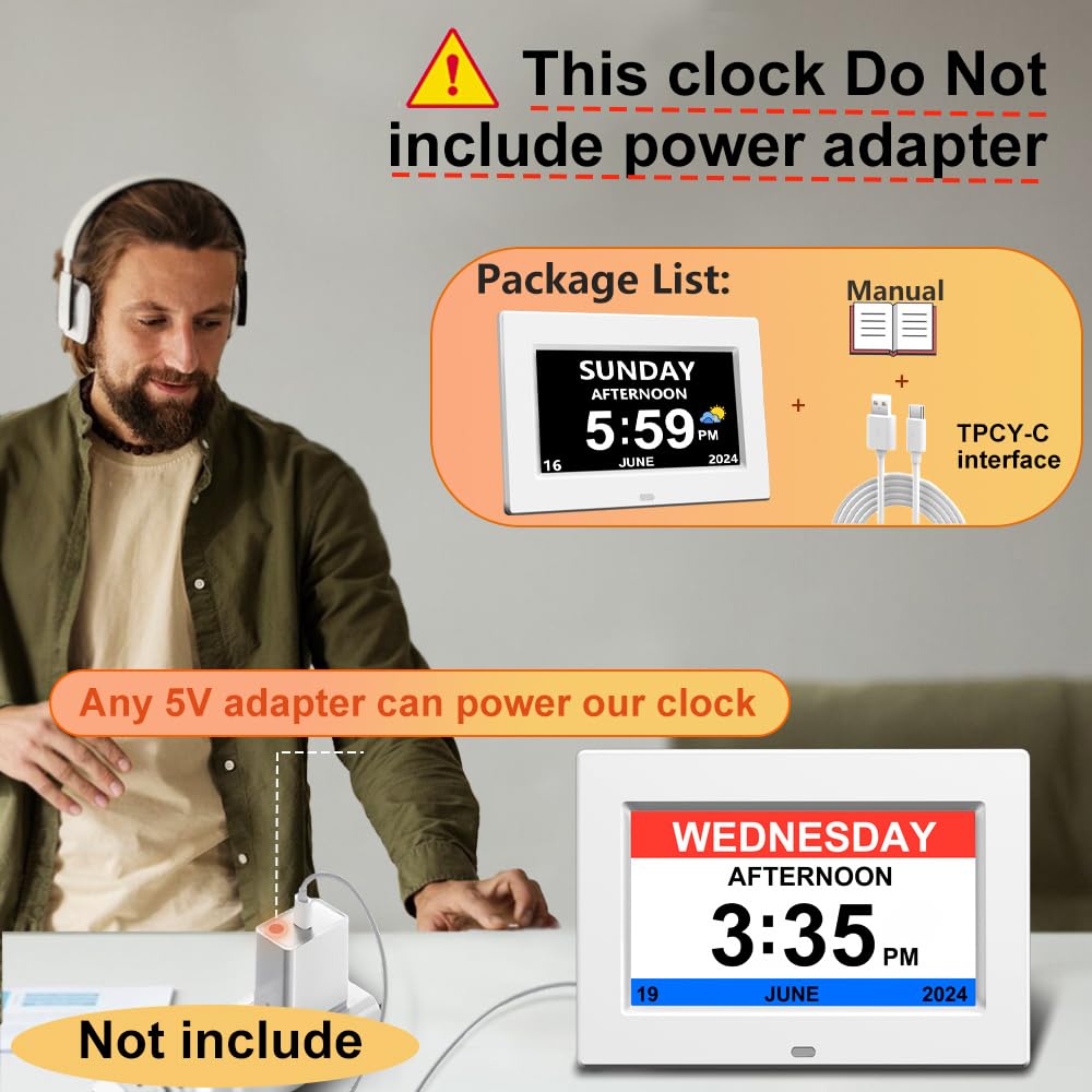 AINFTIME Reloj digital con fecha y día de la semana para ancianos, 12 alarmas, recordatorio de medicamentos, demencia, Alzheimer, calendario con pantalla extragrande (7 pulgadas, blanco)