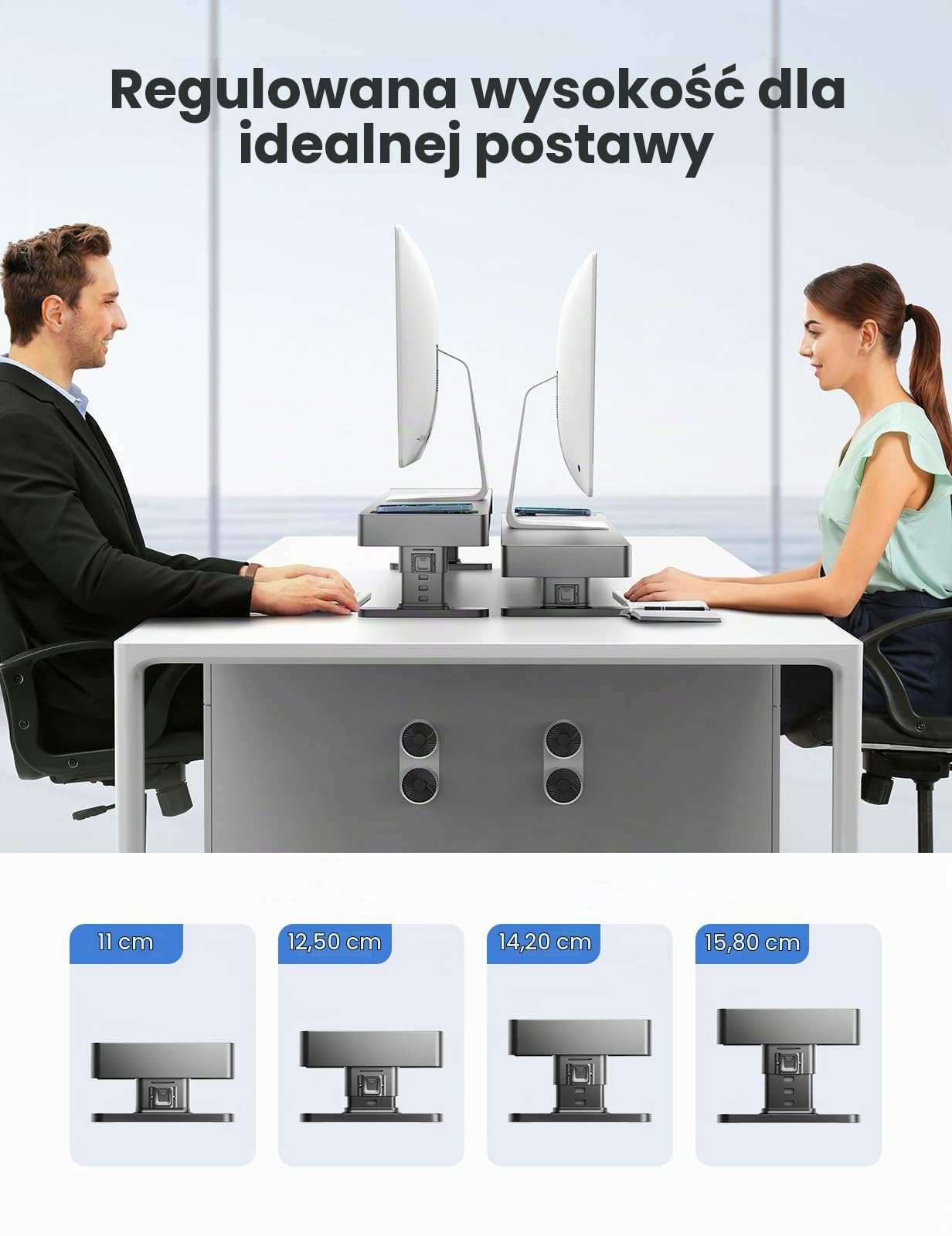 meatanty Ergonomiczny stojak na dwa monitory z inteligentnym hubem, regulacja wysokości, bezprzewodowe ładowanie i 2 szuflady do przechowywania, oszczędzający miejsce organizer na komputer do domowego