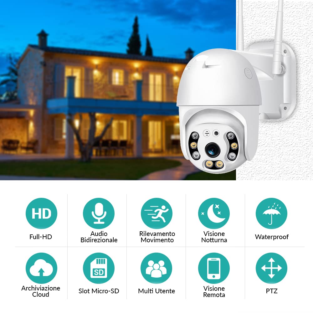 GeDi - Telecamera Wi-Fi PTZ Dome 1080p 4 LED IR e 4 LED Array Per Videosorveglianza di Sicurezza Esterna Con APP ICSee Rilevamento Movimento Allarme PT-01 Con Slot Memoria SD (Con Memoria 128GB)