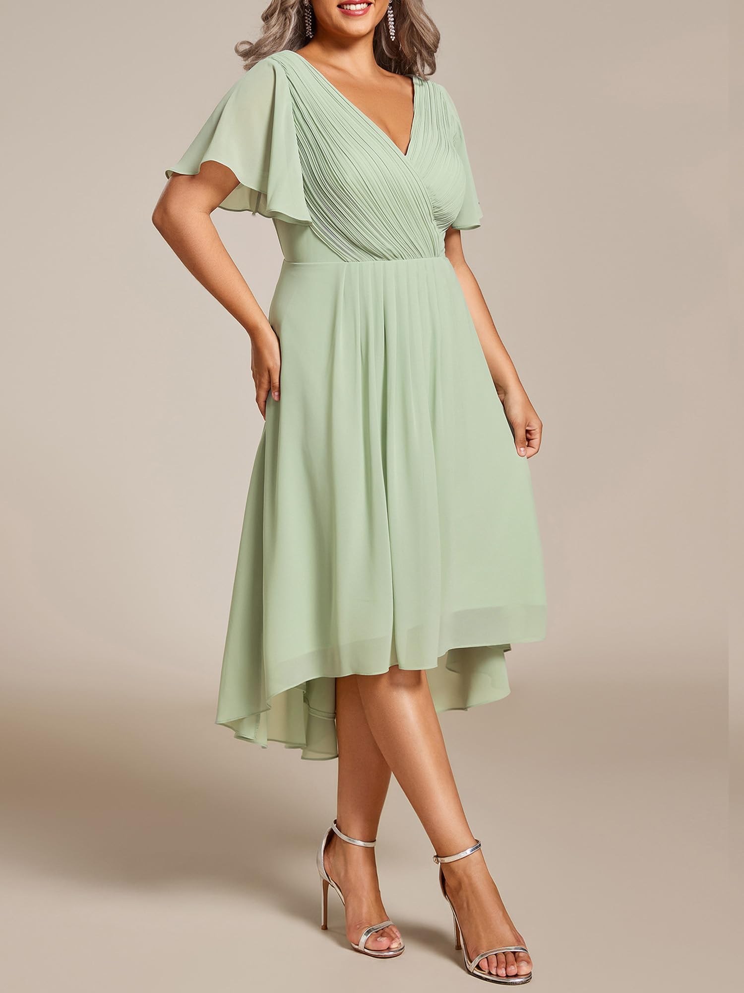 Ever-Pretty Donna Una Linea Increspato Scollo A V Maniche Corte Al Ginocchio Plus Size Wedding Guest Dress 01923-DA, Verde menta, 56