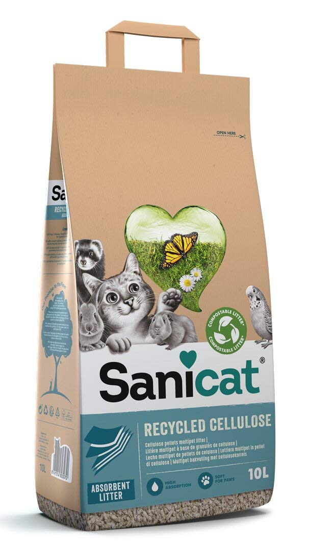 Sanicat - Lecho absorbente multipet de celulosa reciclada | Absorción superior y control de olores | Producto ecológico y biodegradable | 10L de Capacidad