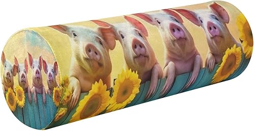 Kigai Almohada cervical de espuma viscoelástica para aliviar el dolor, cerdo dormido, girasol, almohada redonda con funda extraíble lavable para