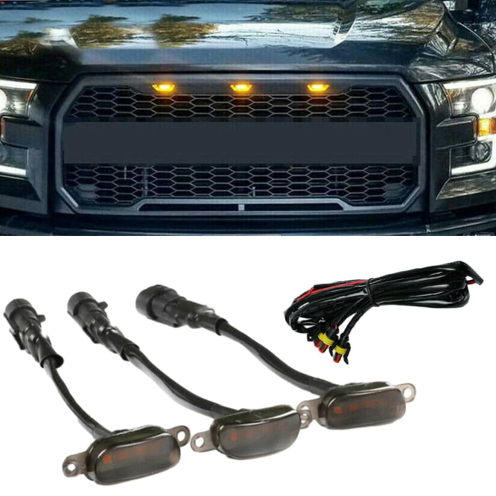 Riloer Zestaw świateł LED do kratki 12V w stylu Raptor, aftermarketowa kratka kompatybilna z kratką Ford F-150 Raptor Style 2004-2008, przyciemniana osłona/3 szt. bursztynowych świateł LED