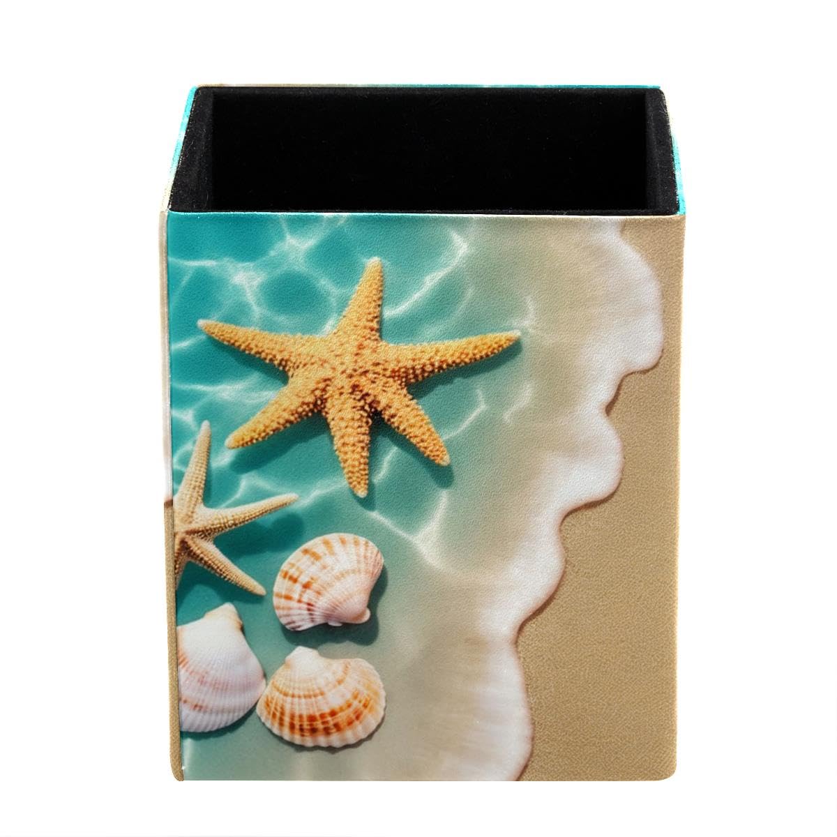 Starfish Seashell Beach Pen Holder Pen Pot, Square Pencil Cup for Desk