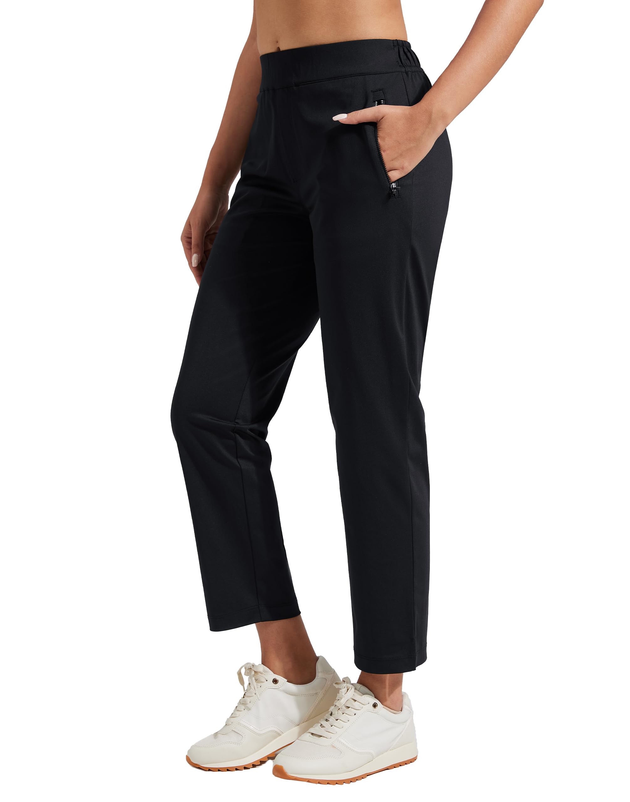 Pioneer Camp Golfbroek voor dames, 7/8 lang, met zijzakken, ademende elastische broek voor kantoor, reizen en sport, elastische tailleband met trekkoord, lichte en vormvaste broek, Kaki, L