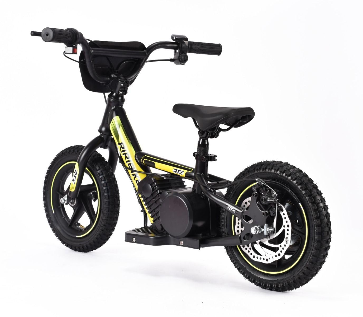 Draisienne électrique pour Enfants RIRIBIKE RTX3 24V (12"), Jaune, Batterie au Lithium, Moteur 100W, Frein à Disque, Siège PU Souple réglable