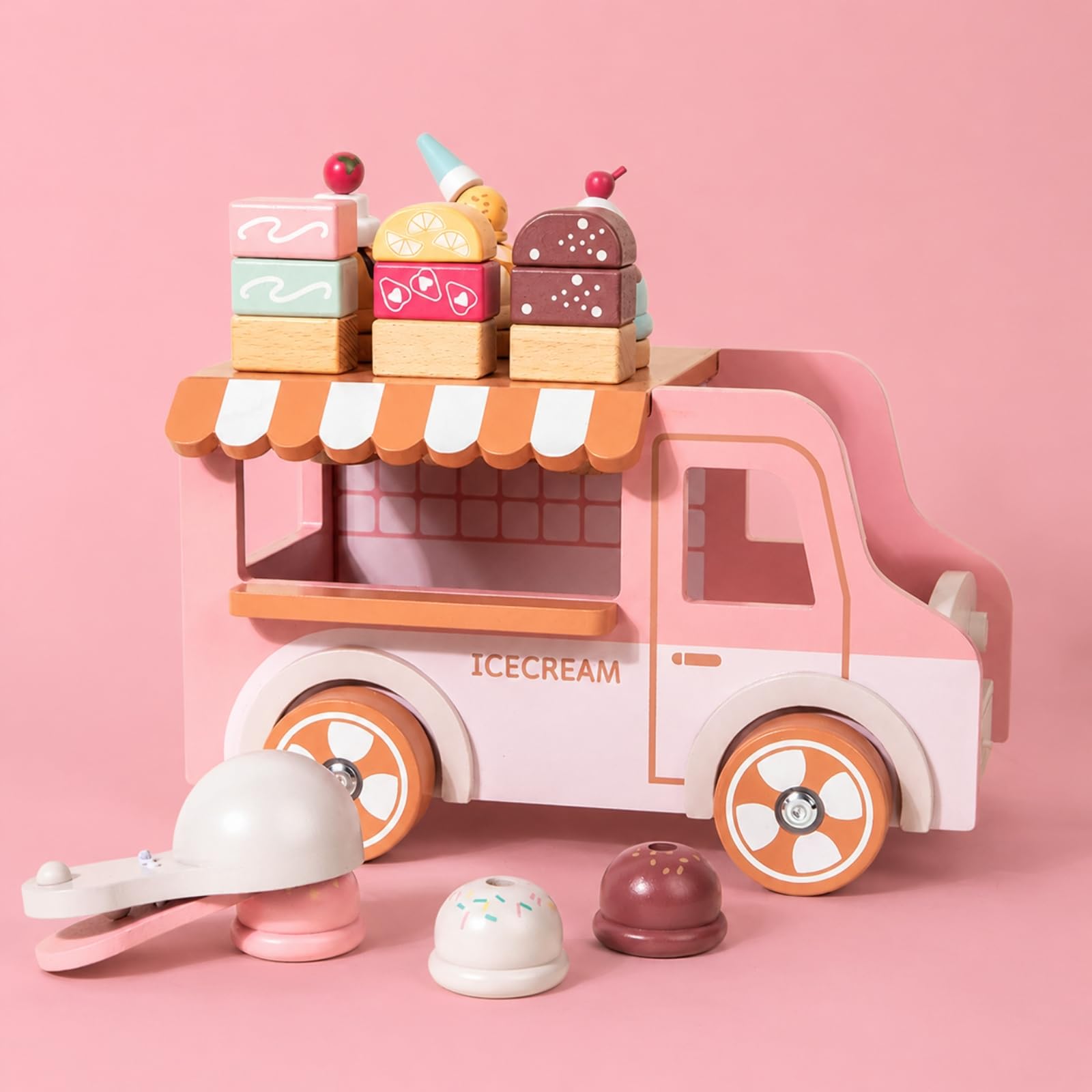 Gralara Carrello Giocattolo in Legno con Gelati E Servizio con E Ruote per Bambini Adatto per Gioco di Ruolo Interattivo E attività Creative in Cameretta.,