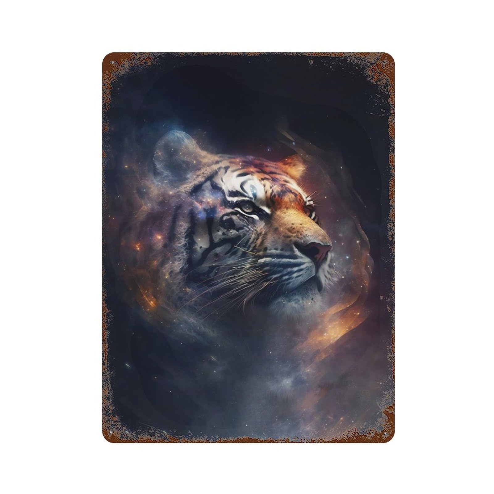 Space Tiger Decorative Tin Sign 15.7"x11.8", Rustic Home Decor for Garage, Pub Or Kitchen