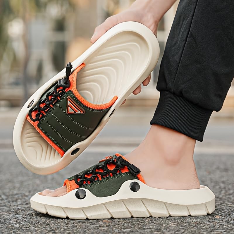 Men'S Breathable Mesh Slide Sandals - Comfortable Flat Open-Toe Slippers with Cover Patches, Casual Summer Outdoor Activity Shoes, Black/Khaki/White, EVA Sole & Insole, Perfect for Casual Attire3