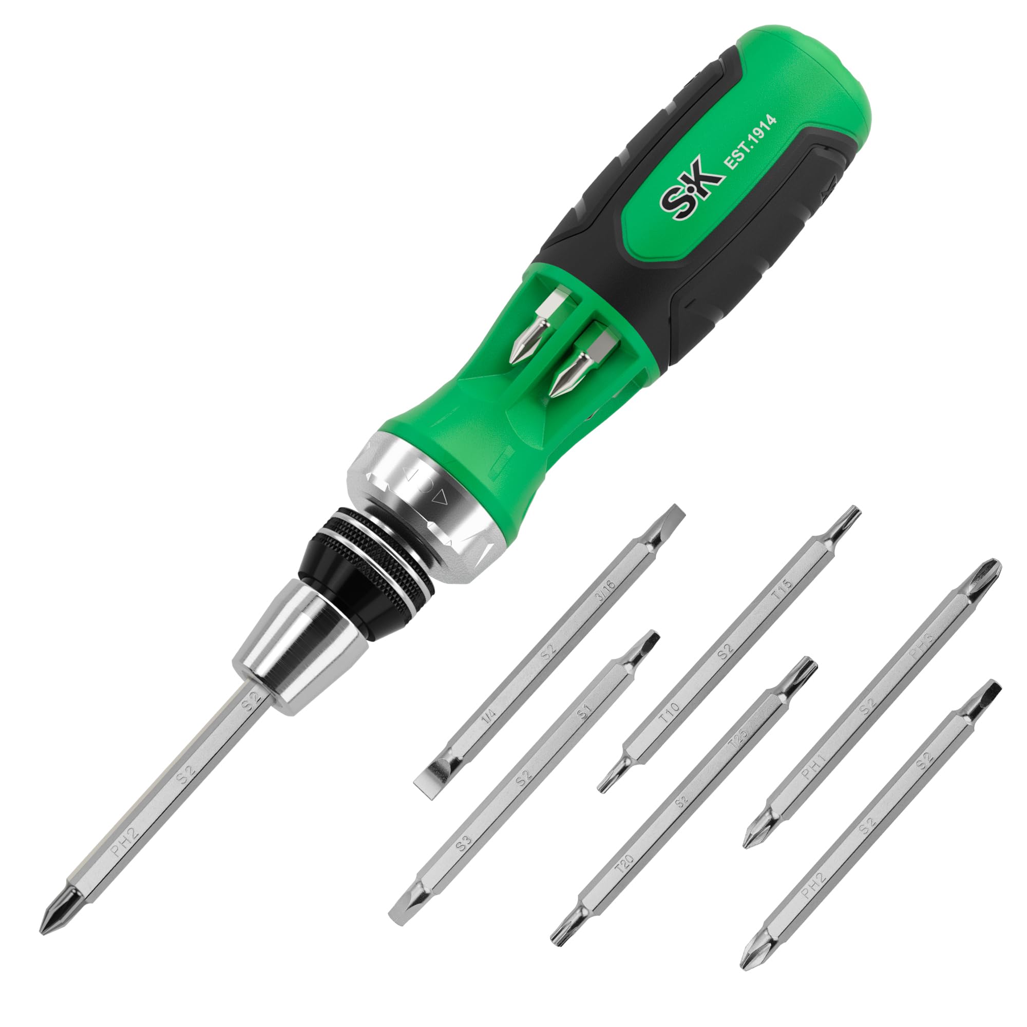 12-in-1 Ratcheting Screwdriver, 216-P, Multi-bit Driver with Quick-Load Mechanism, S2 Steel, with Phillips, Slotted, Star, Square Bits Stored in Handle