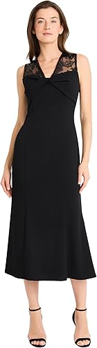 Maggy London Women's Combo Bodice W/CF Knot Detail MIDI, Black