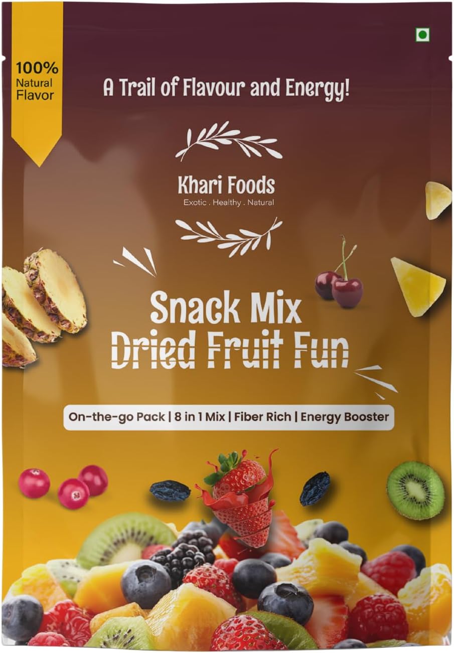Khari Foods Dried Fruits Snack Trail Mix, Natural Blend of Dried Dates, Apricots, Kiwi, Mango & More, Fibre & Antioxidant Rich, No Additives (200g)
